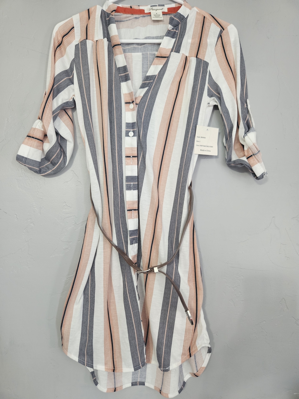 Passport Striped Long Sleeve Dress in White, Peach & Gray